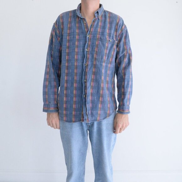 VTG '90S Ever Blue Find General Blue Red Thick Cotton 3D Pattern Western Shirt - Picture 1 of 10